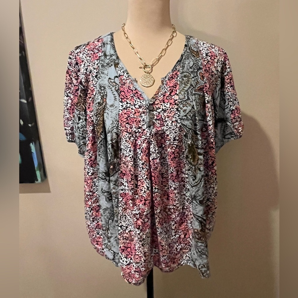 Caff Marrakesh Floral V-Neck Peasant Blouse, Size Medium